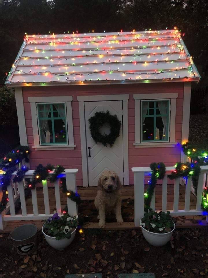 Pink Wooden Playhouse decorated with lights and flowers and dog sitting on wooden terrace by WholeWoodPlayhouses