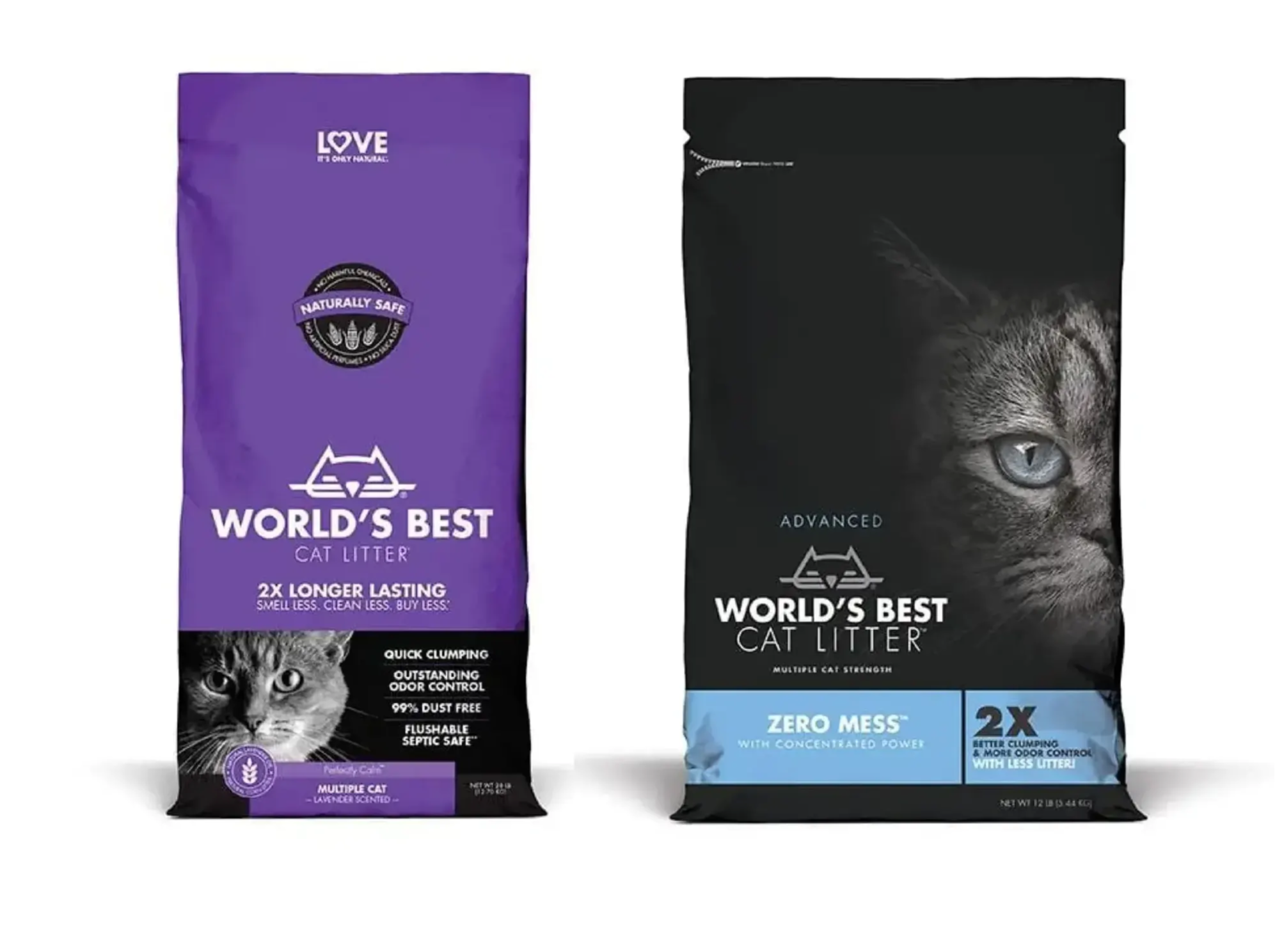 two bags of Worlds best corn cat litter in purple and black