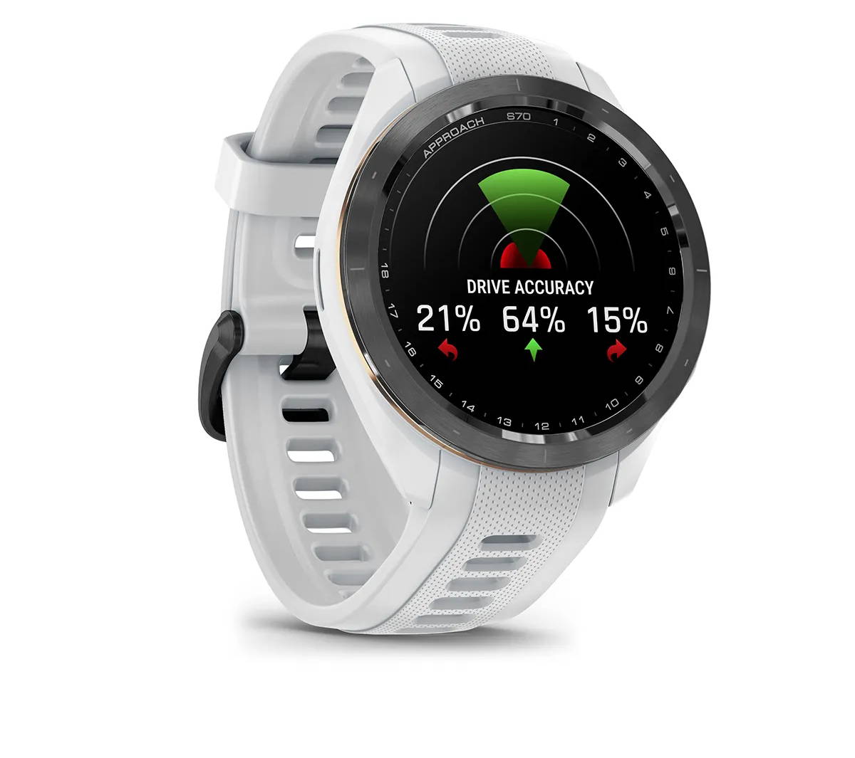 White Garmin Approach S70 golf GPS watch with drive accuracy data on the AMOLED screen