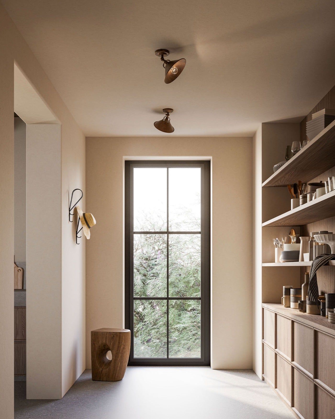 Antique Brass Rotatable Ceiling Lamp Displayed in the back room of a modern rustic kitchen