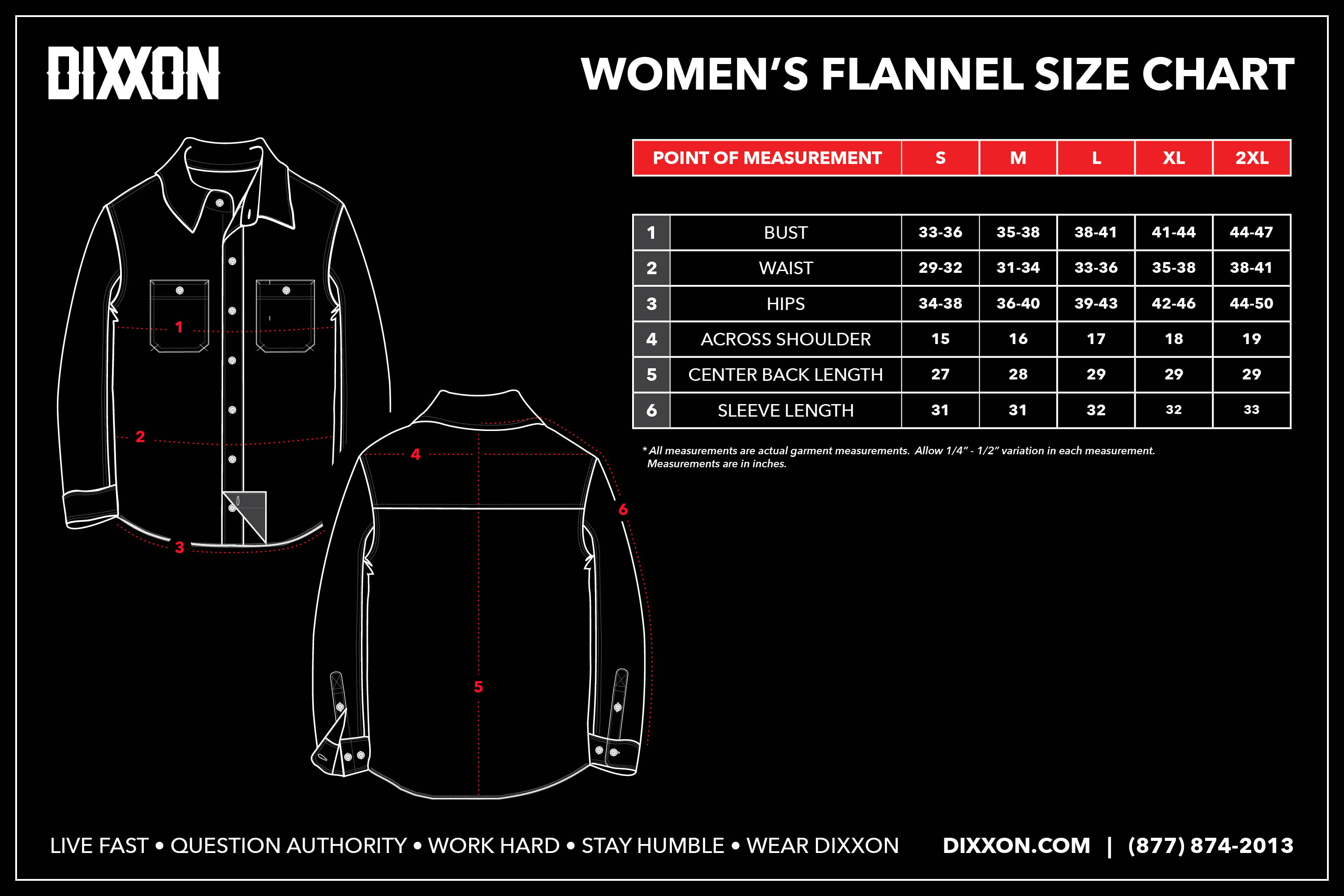 This size chart includes measurements for women's flannels, short sleeve bamboo shirts, and short sleeve party shirts.