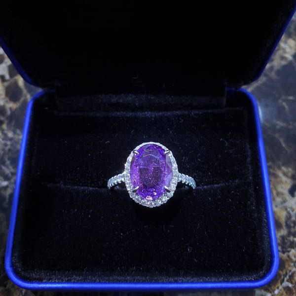 3.5ct Unheated Purple Sapphire Halo Diamond Ring - WILLS JEWELLERY