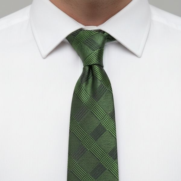 Closeup of a man wearing a dark green plaid tie with a white dress shirt
