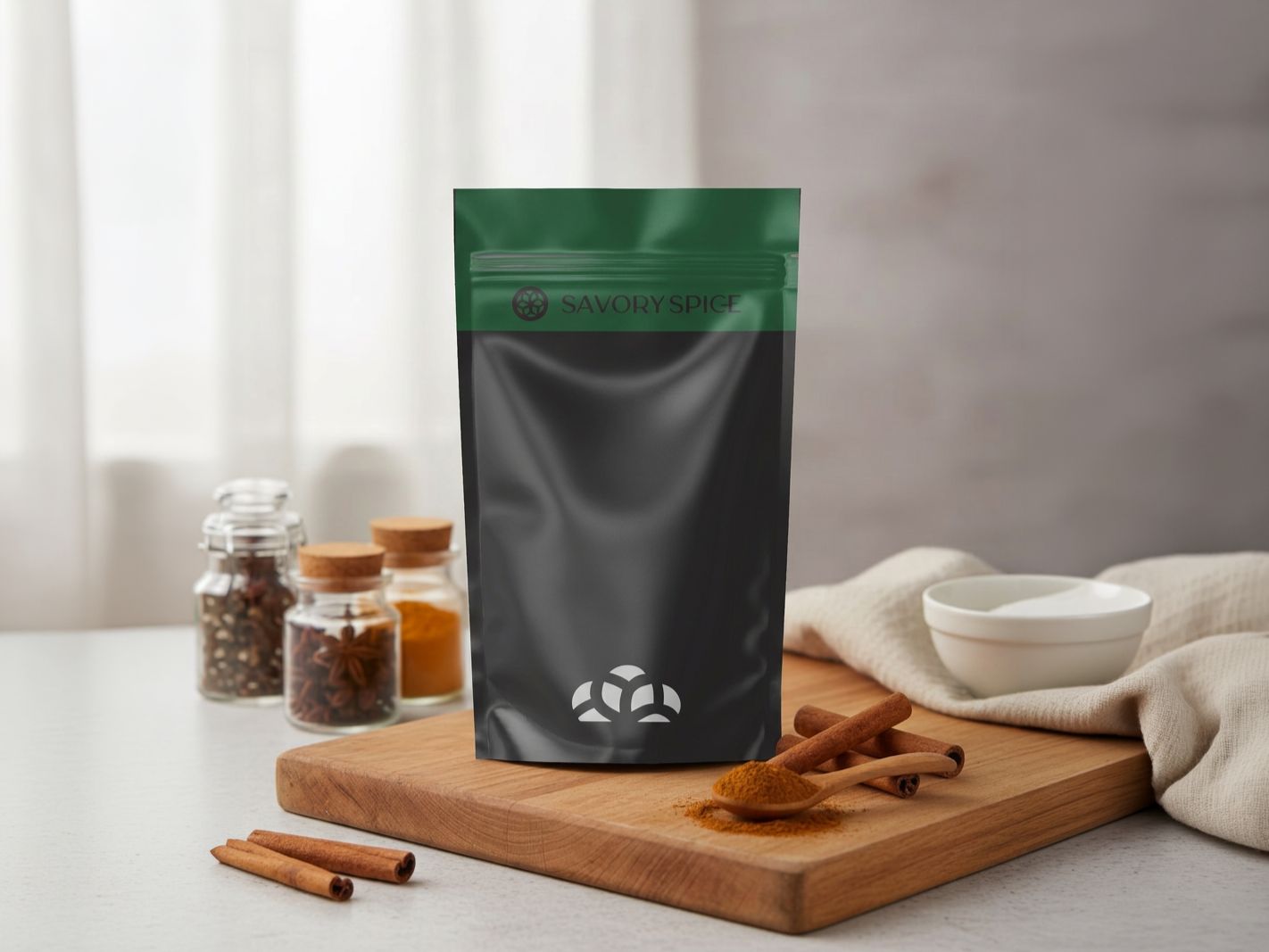 Black pouch with green top on a wooden board, surrounded by spices.