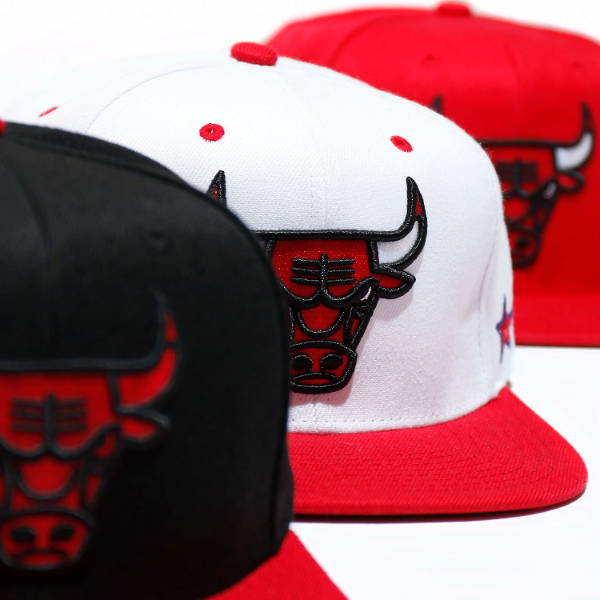 close up of bulls mitchell & ness hats