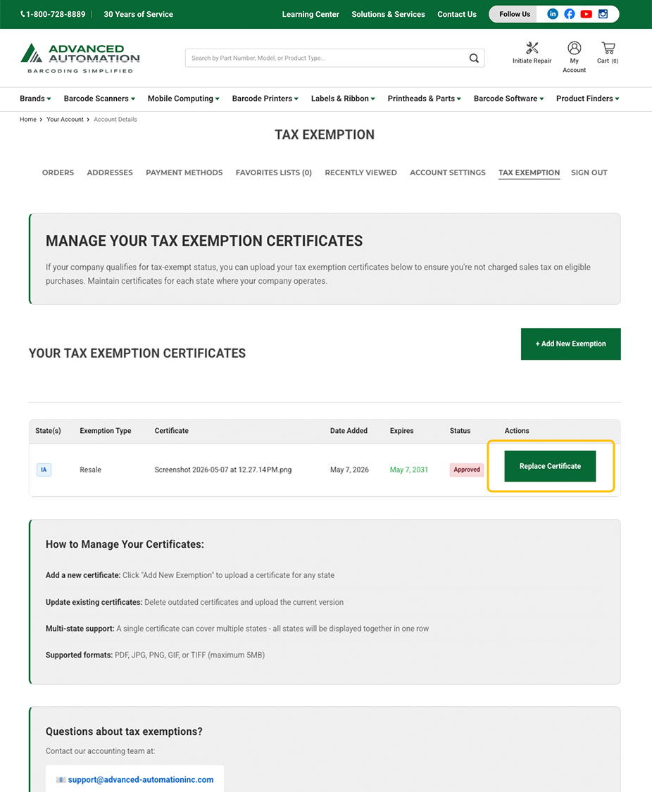 Tax exemption management page with a button to view certificates.