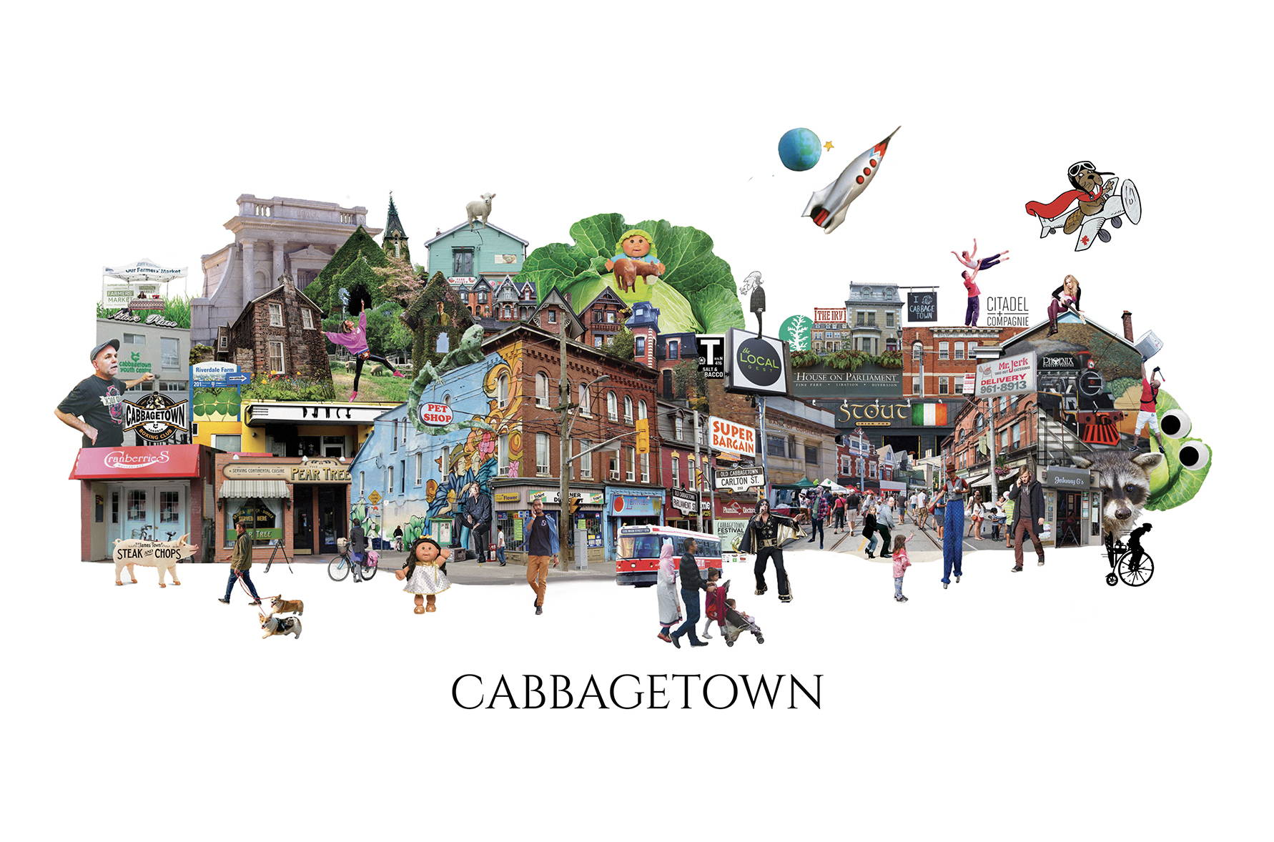 A digital collage of Toronto's Victorian Cabbagetown neighbourhood