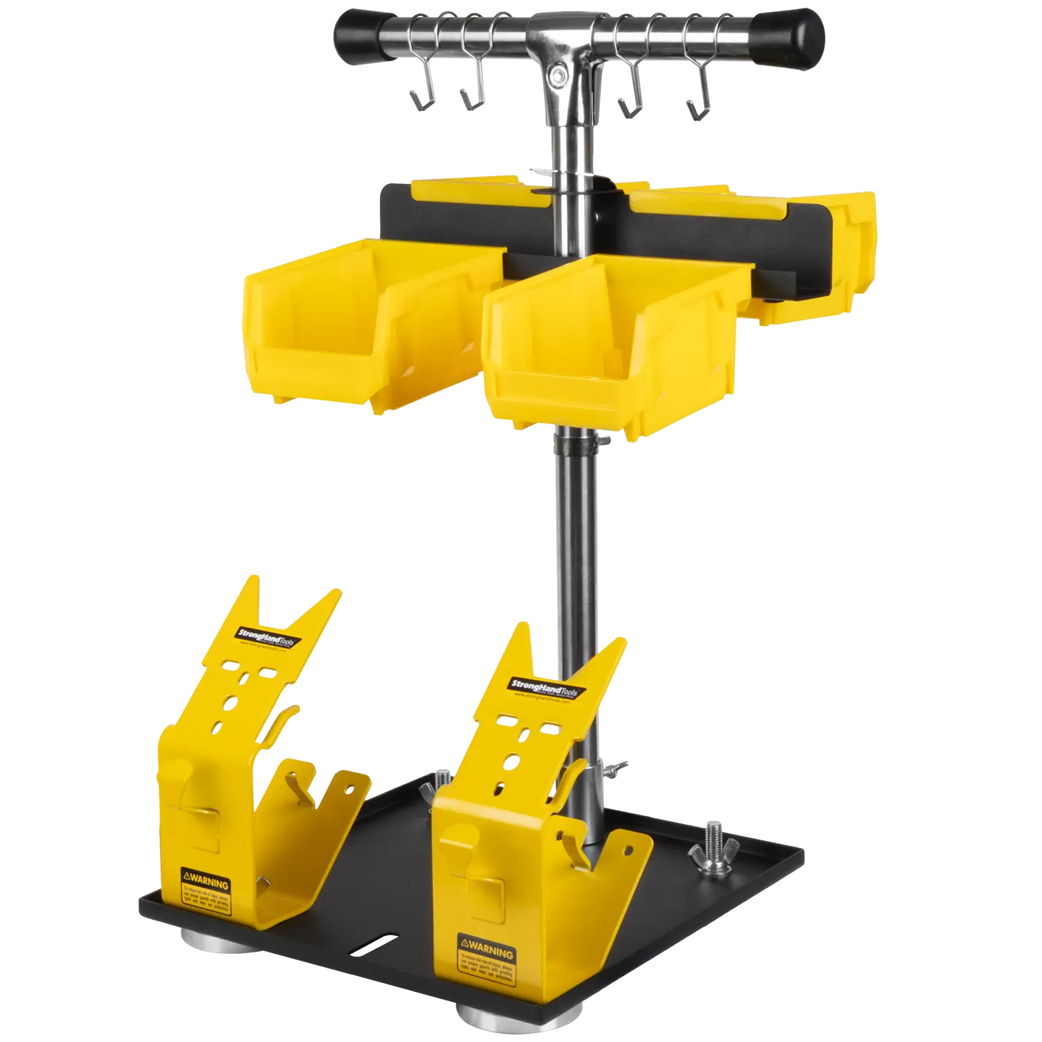 Storage rack with yellow bins and hooks for organization.