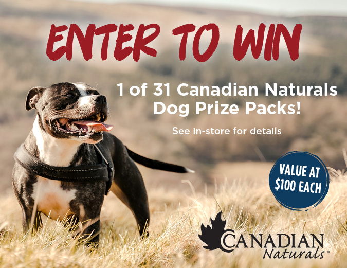 Enter to win 1 of 31 Canadian Naturals Dog Prize Packs. Value at $100 each. See in-store for details.