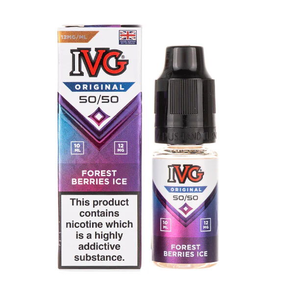 Bottle of IVG Forest Berries Ice vape juice with packaging.