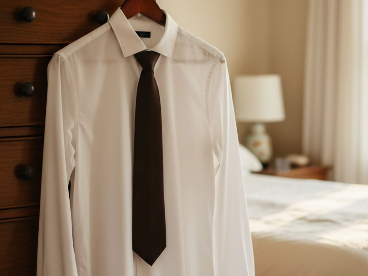 Brown tie and white dress shirt on a hanger in a bedroom