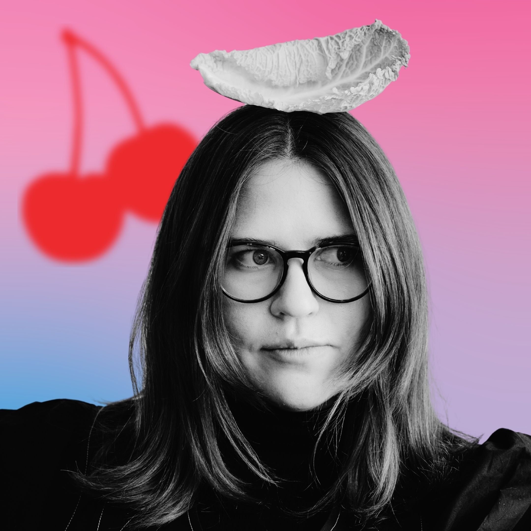 A woman with glasses and a bowl on her head, against a colorful background.