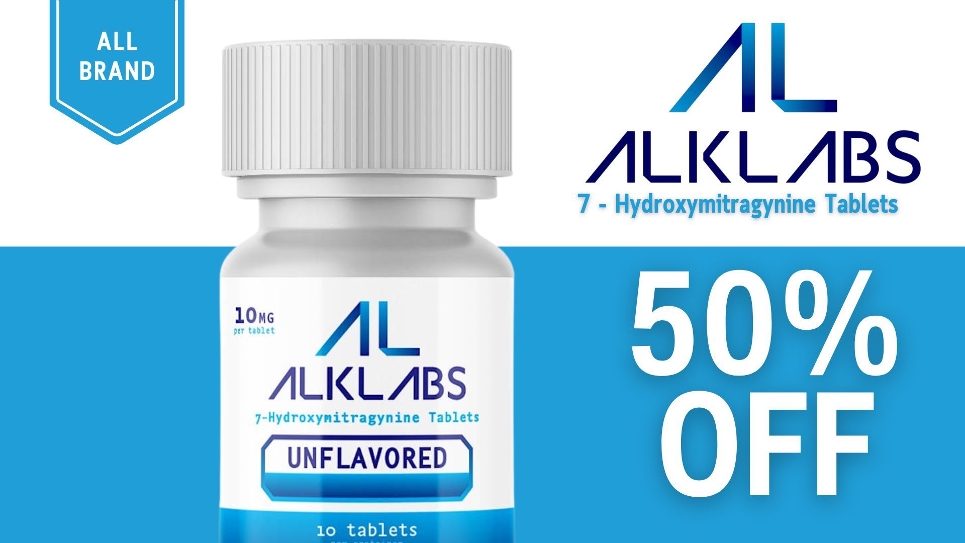 AL KLABS unflavored tablets with 50% off promotion.