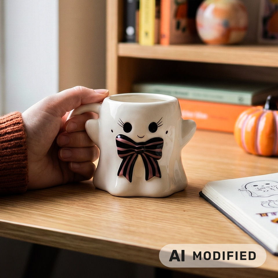 Un adorable fantôme tasse avec un nœud sur une table en bois.