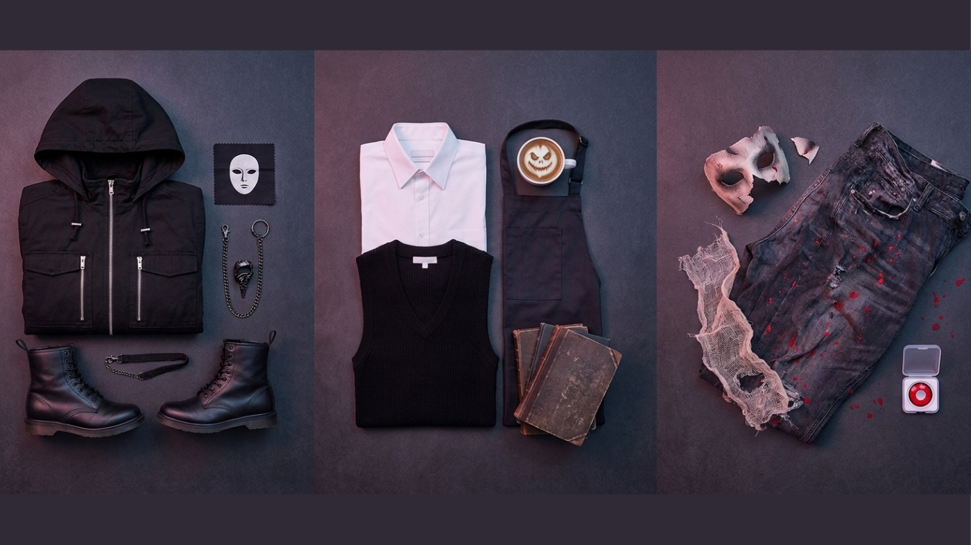 Editorial flat lay showing three Touka Kirishima cosplay outfit options from everyday to ghoul mode