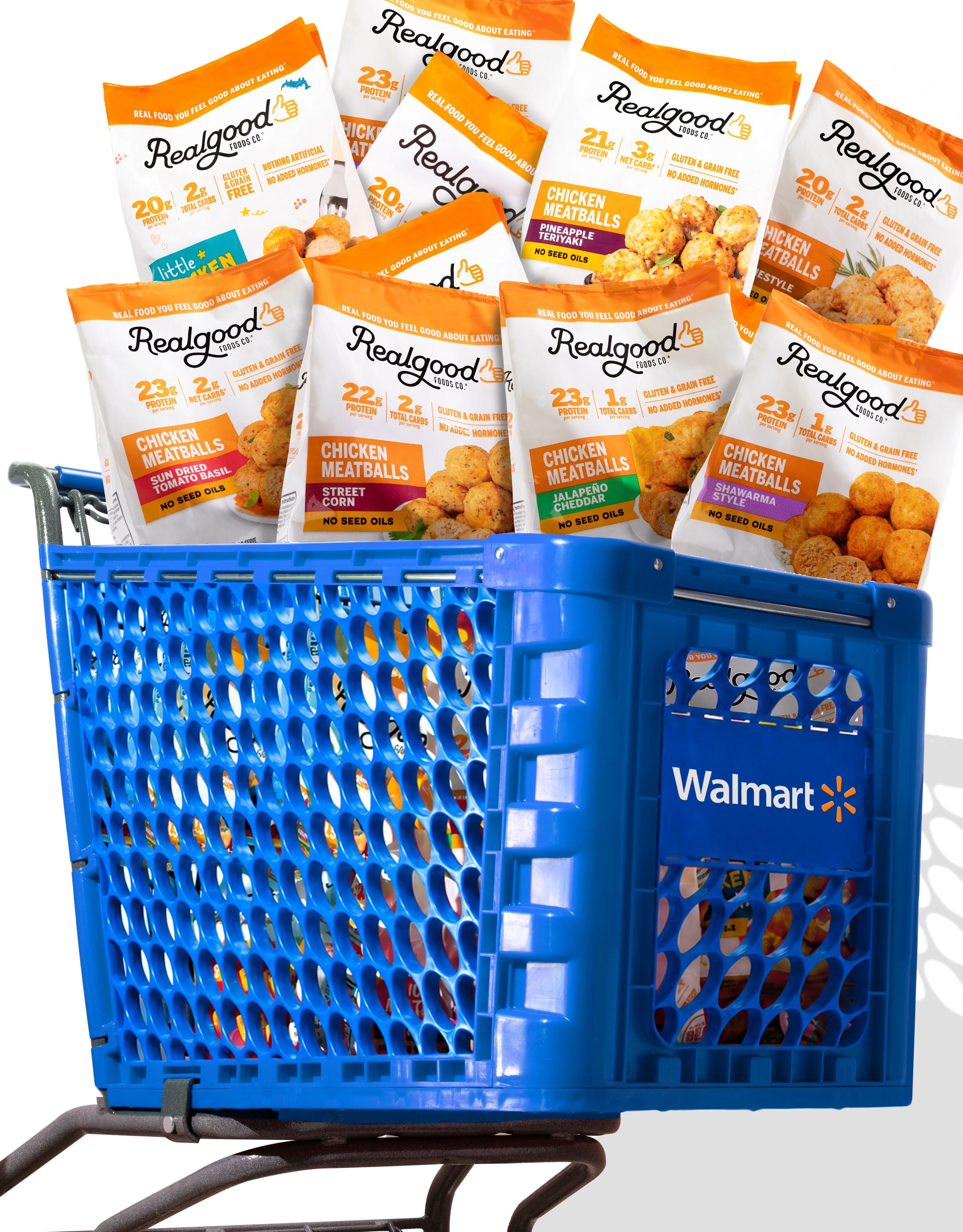 Blue shopping cart filled with snack bags from Walmart.
