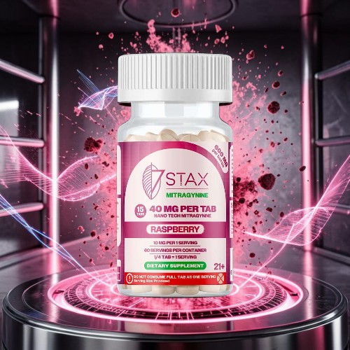 Bottle of 7stax dietary supplement with glowing effects in a dark background.