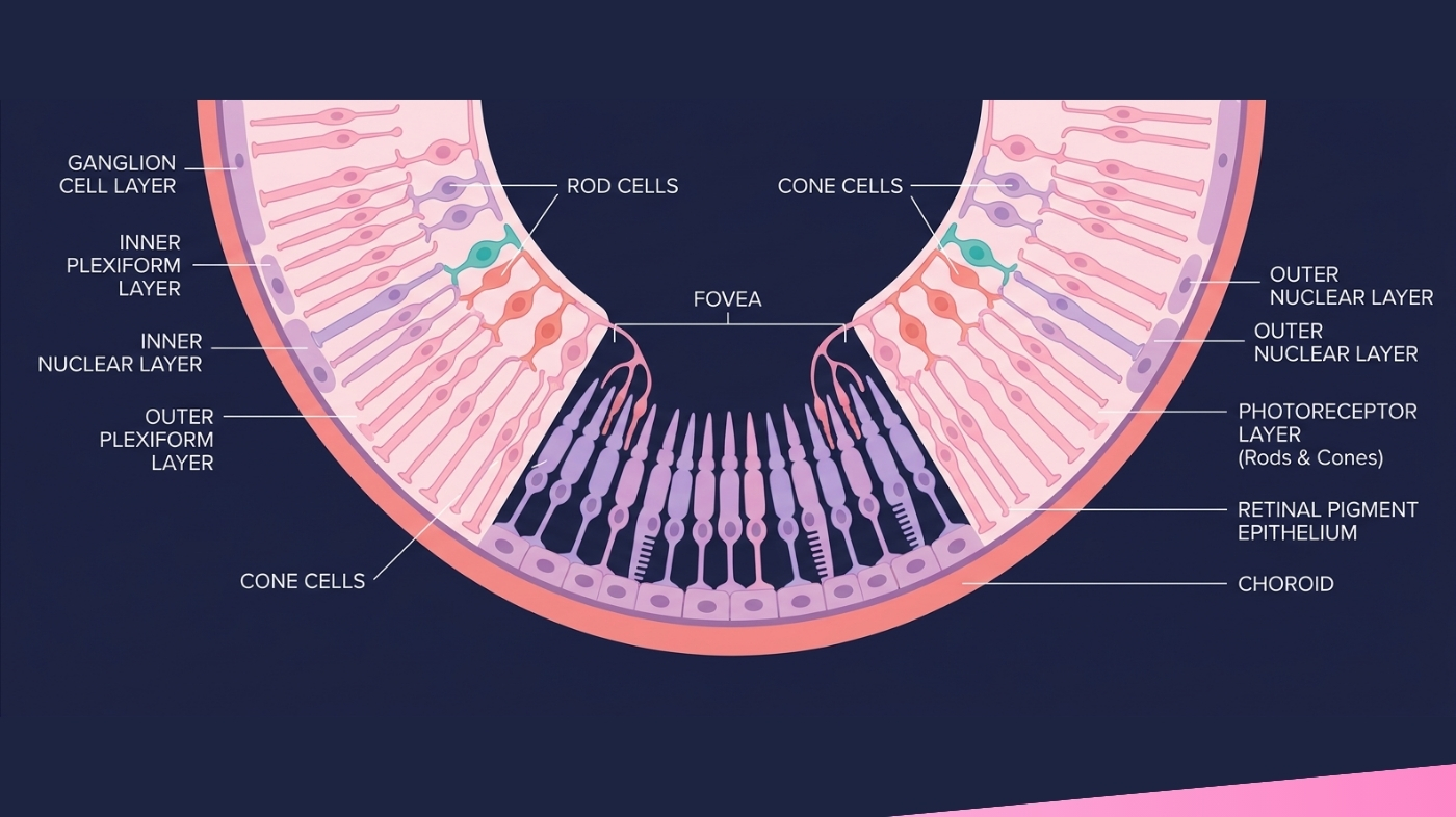 Diagram of retinal rod and cone cells showing how the eye processes low-light versus bright-light vision