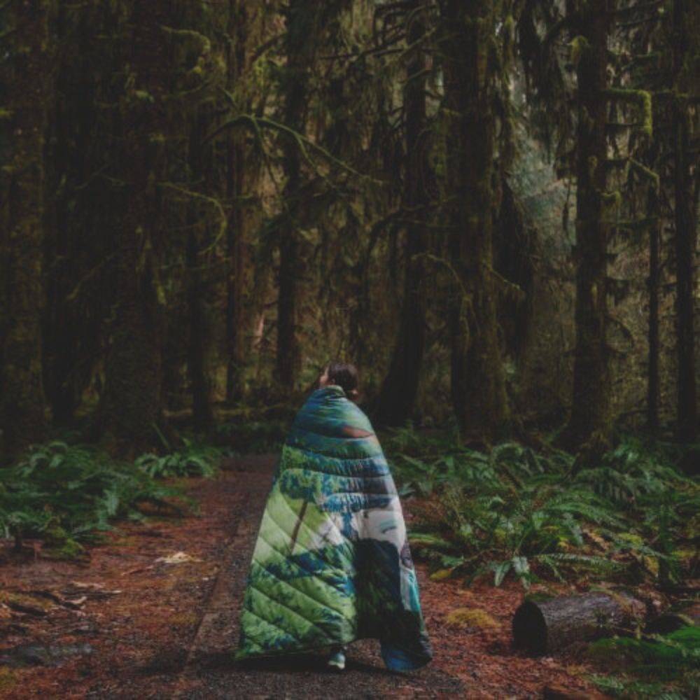 a person in a blanket walking in a forest a person in a blanket walking in a forest in Olympic National Park
