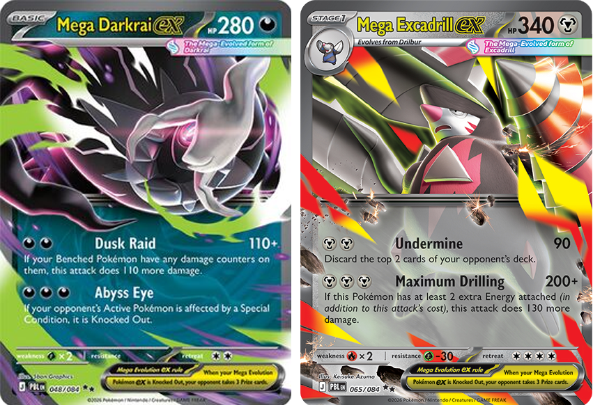 Two Pokémon cards from the new Pitch Black set, Mega Darkrai ex and Mega Excadrill ex