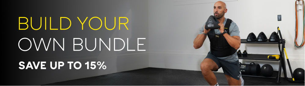Man exercising with dumbbells, promoting a fitness bundle sale.