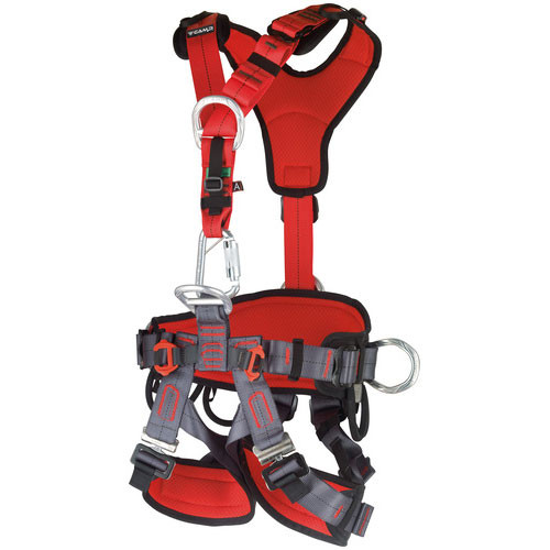 Red safety harness with adjustable straps and metal clips.