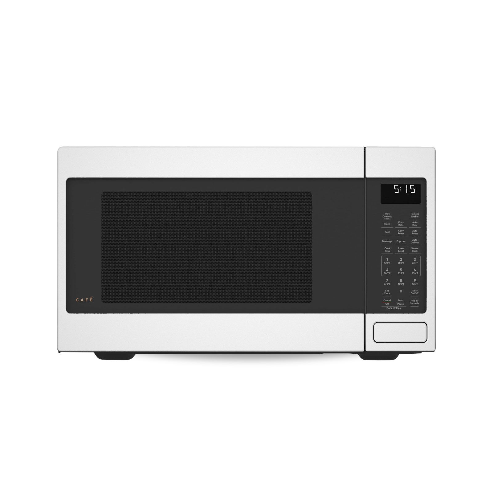 Matte white microwave oven with digital display and control panel.