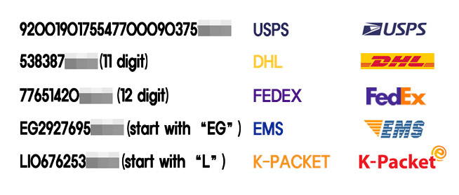 Sample images of tracking numbers for shipping companies