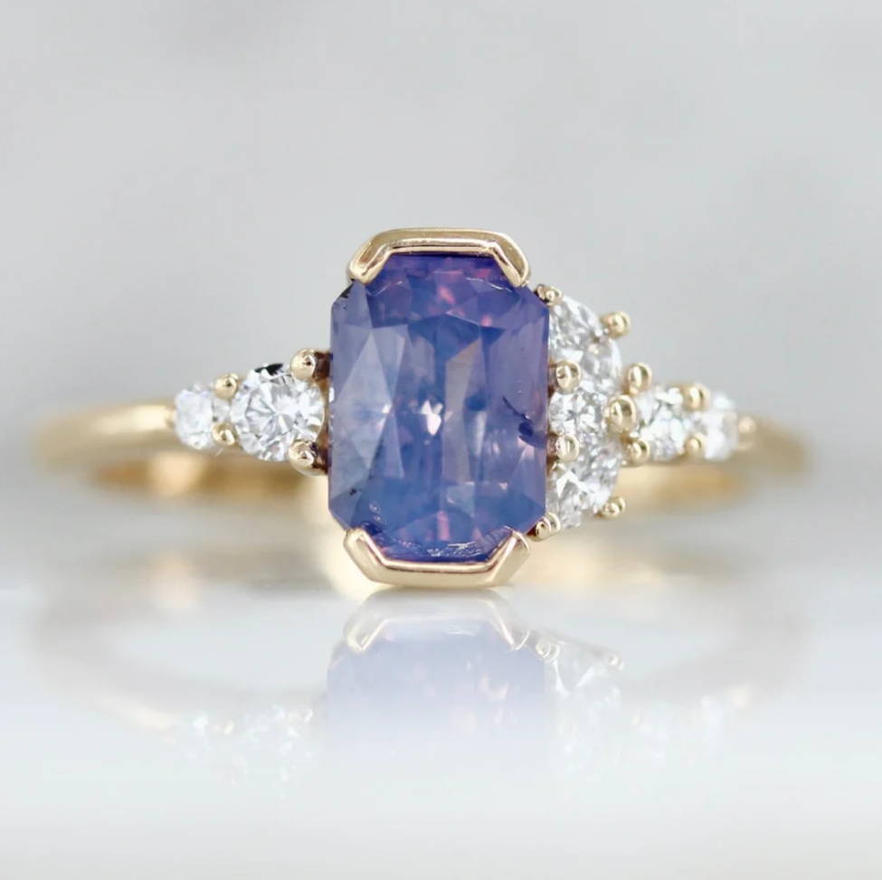 radiant cut purple opalescent sapphire asymmetrical engagement ring