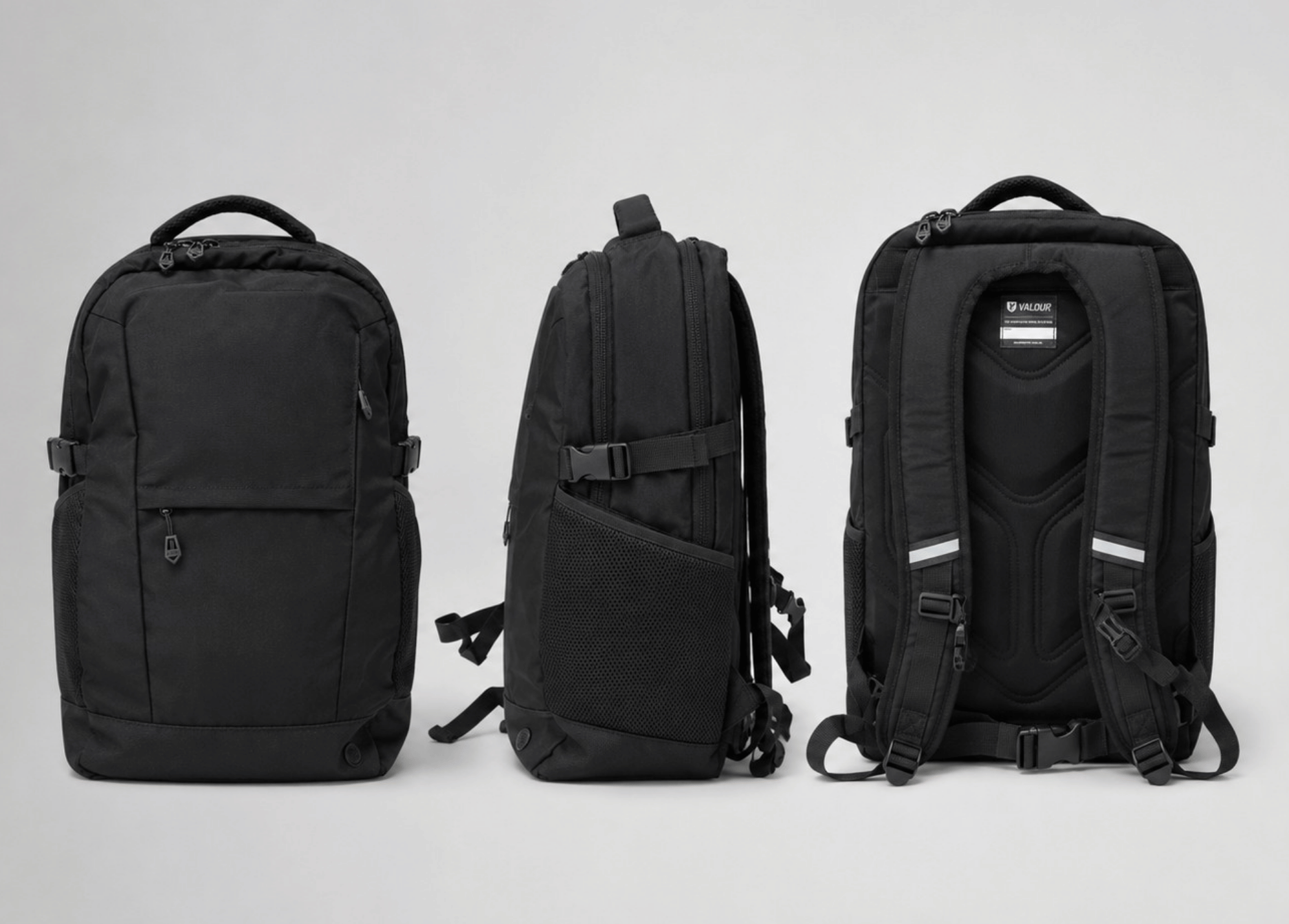 Three black Valour Prestige backpacks displayed from different angles on a gray background.