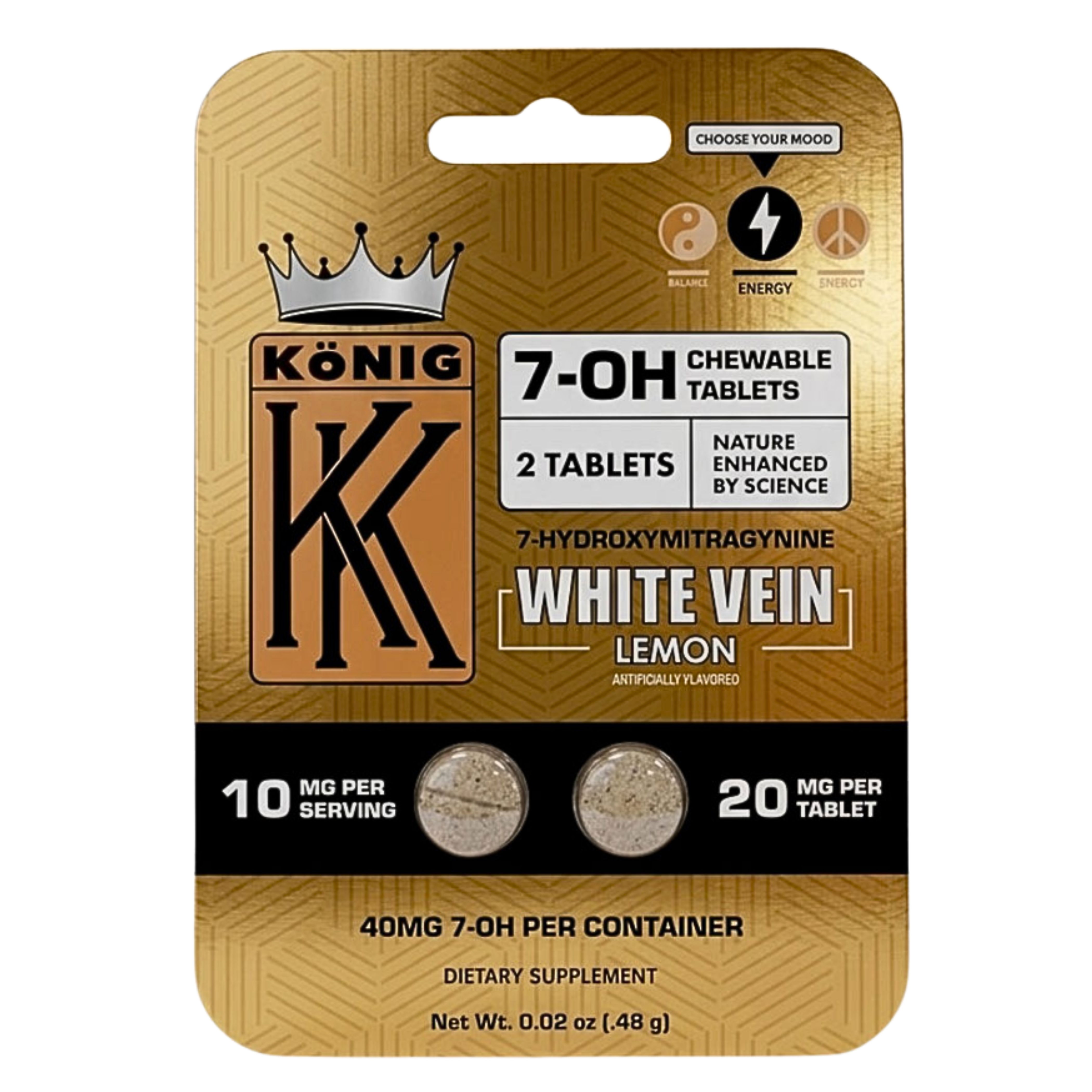 König 7-OH Chewable Tablets, White Vein Lemon flavor, 2 tablets per package.