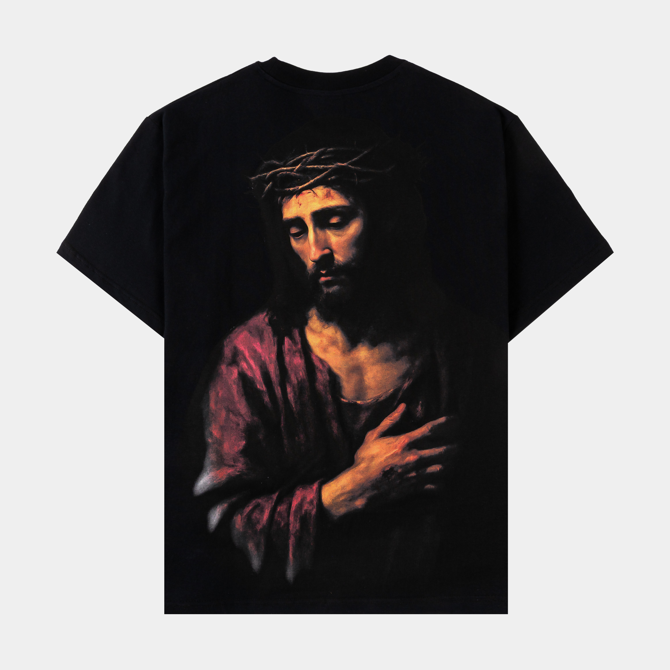 Black t-shirt featuring decorative text spelling 