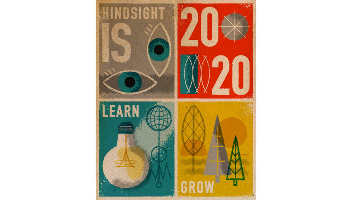 A distressed vintage style poster with four designs of different colors. Each design contains geometric shapes. 