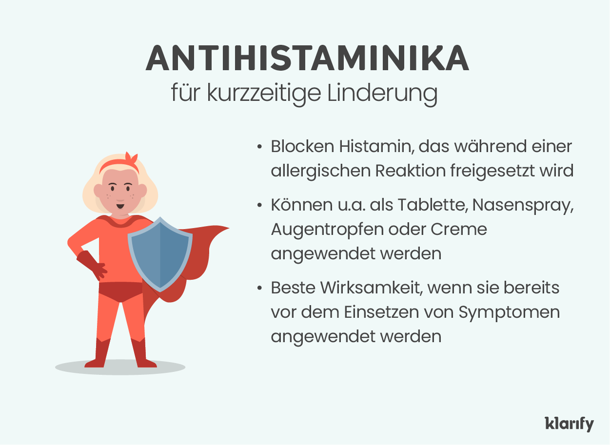 Infographic about antihistamine, a common allergy medicine for kids for short-term relief. Details of the infographic listed below