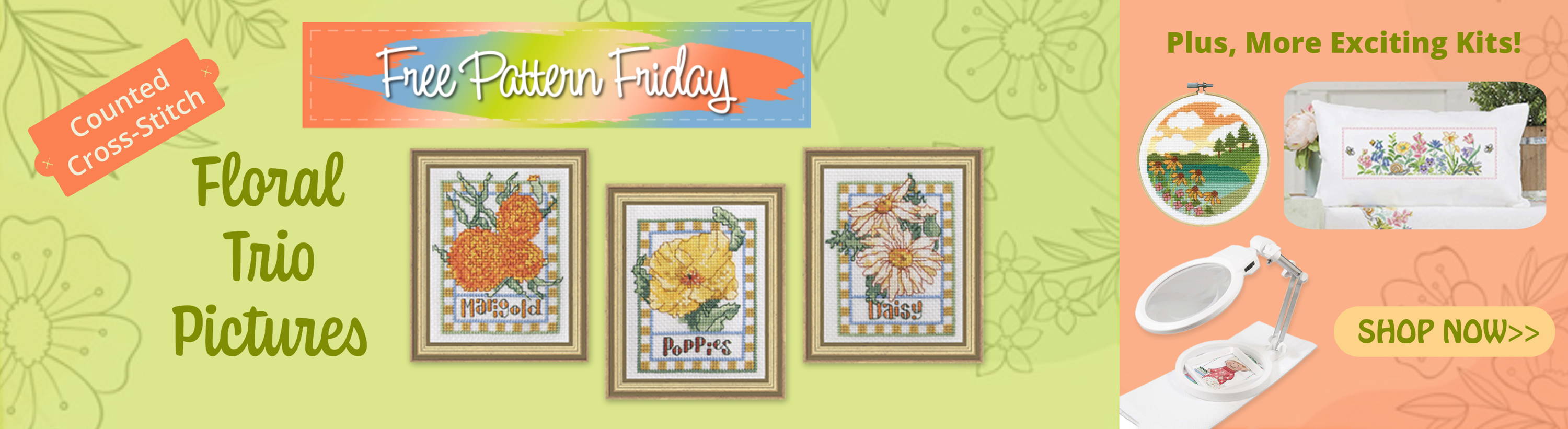 Free Pattern Friday! Floral Trio Pictures (Needlework) Plus more Exciting Kits. 