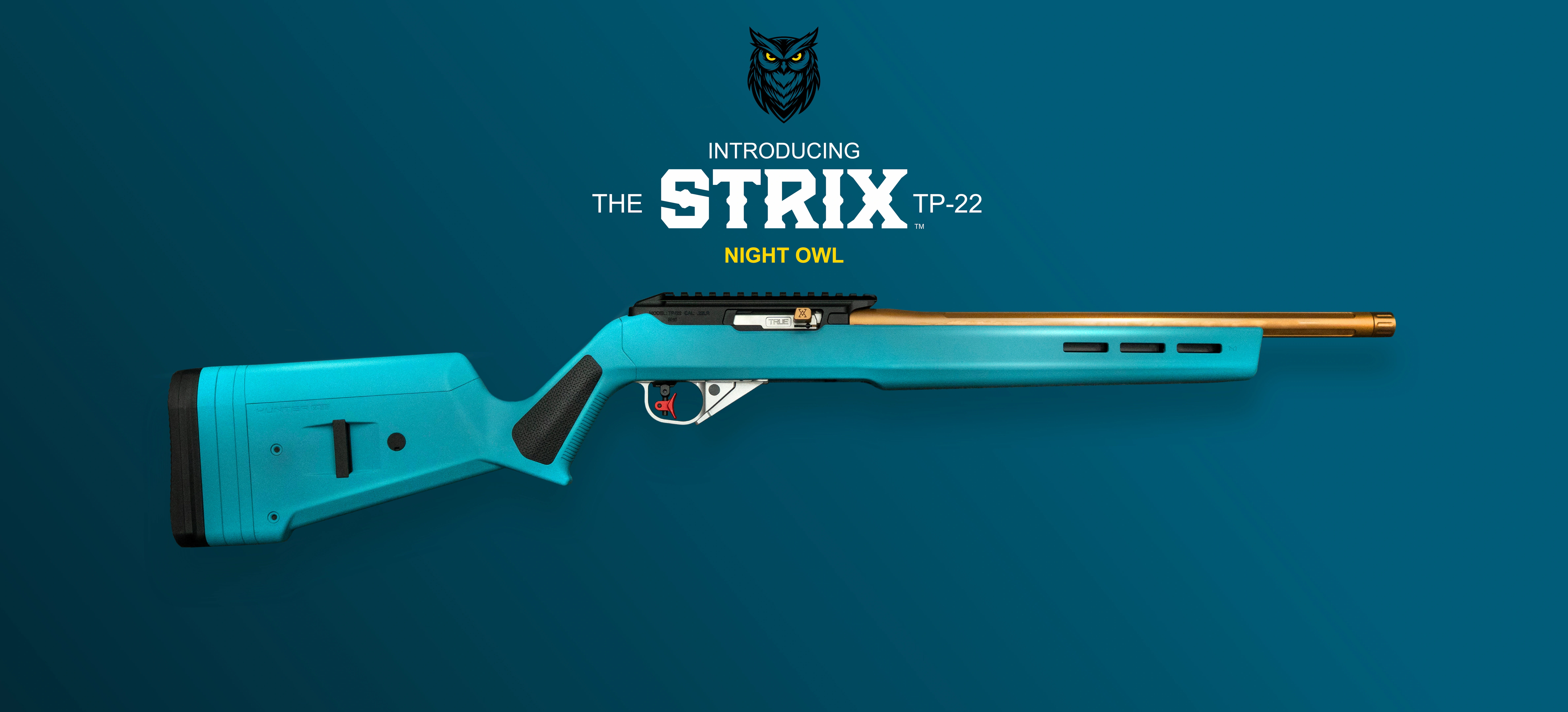 Stylized blue rifle with orange accents on a teal background.