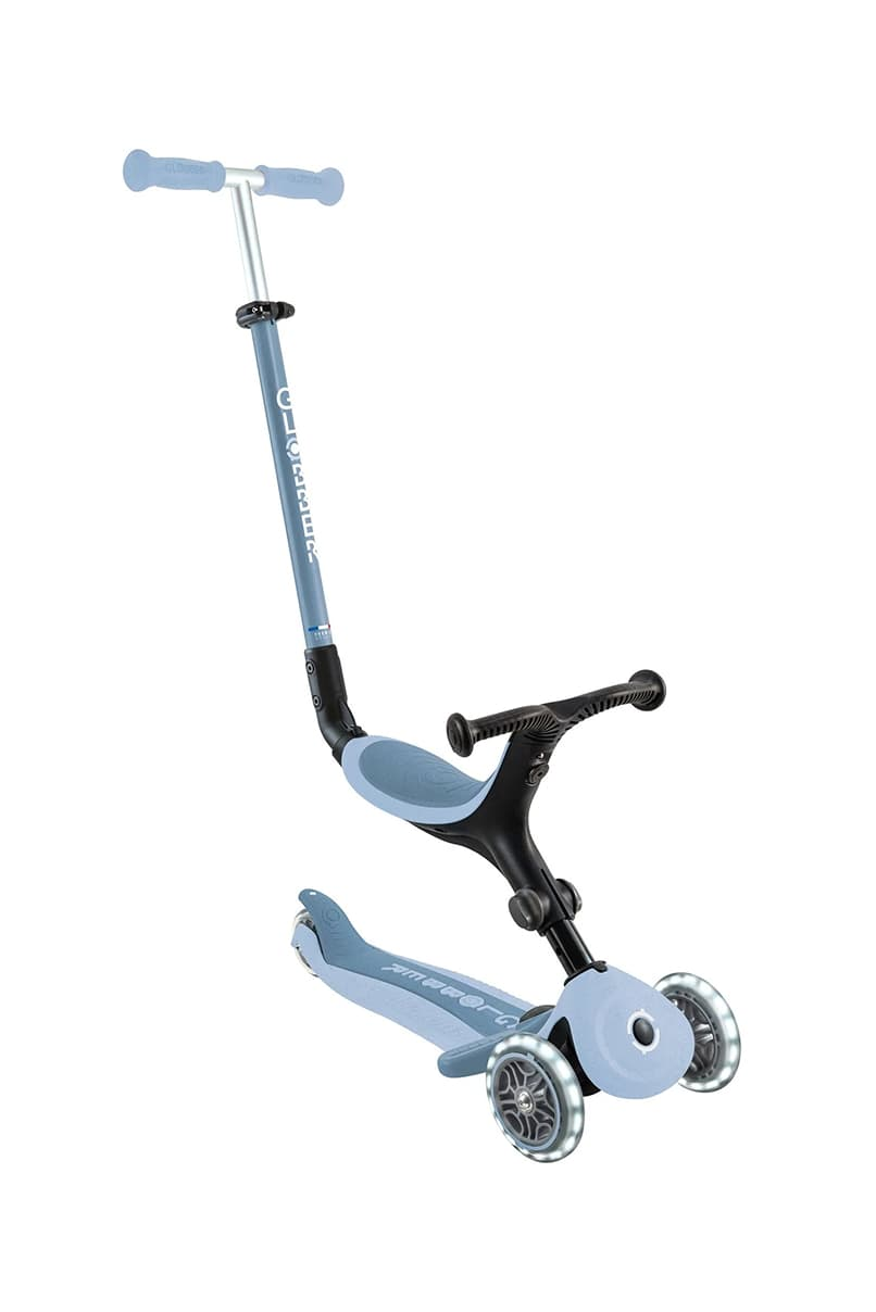 A blue and black children's scooter with three wheels.