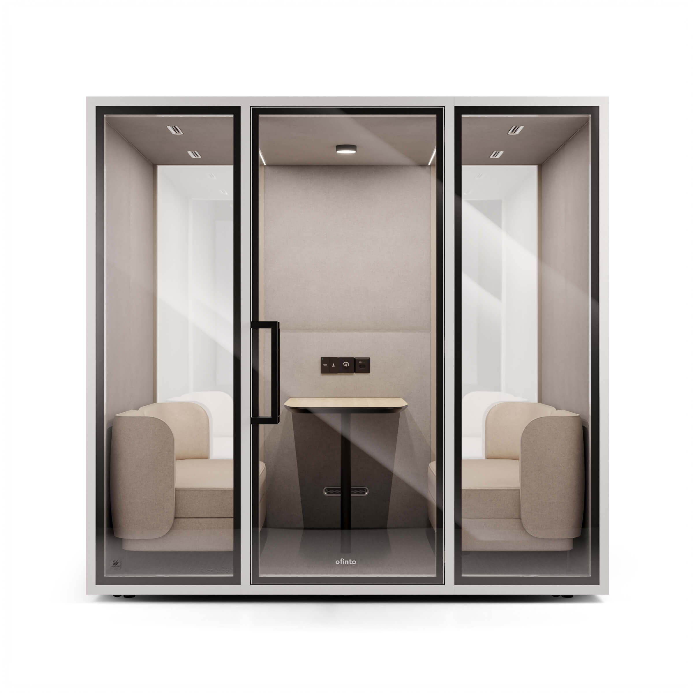 Front view of the ofinto Focus Meet phone booth; interior with two padded seats and a small table behind the glass front
