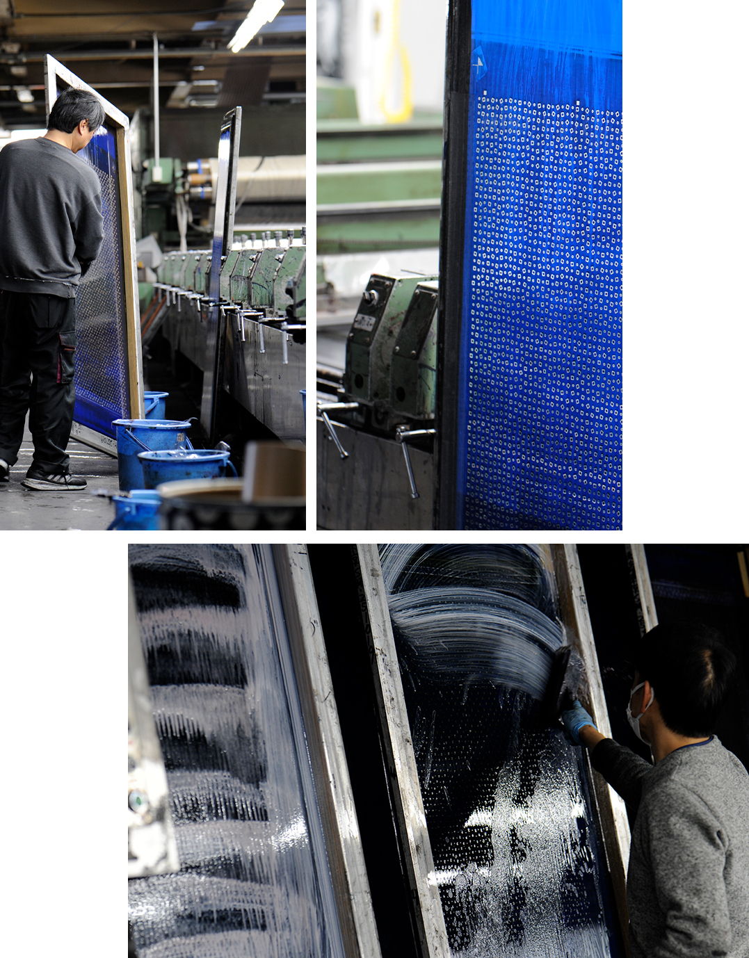 Worker inspecting machinery with blue and white panels in a factory setting.