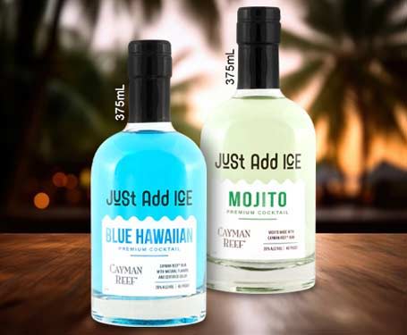 Two bottles of flavored mixers: Blue Hawaiian and Mojito, on a wooden surface.