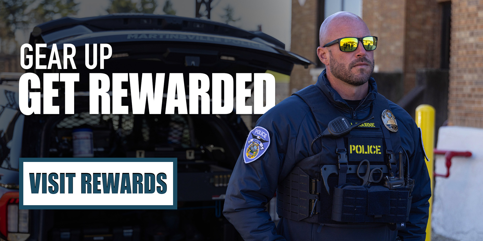 Police officer standing next to a vehicle with promotional text.