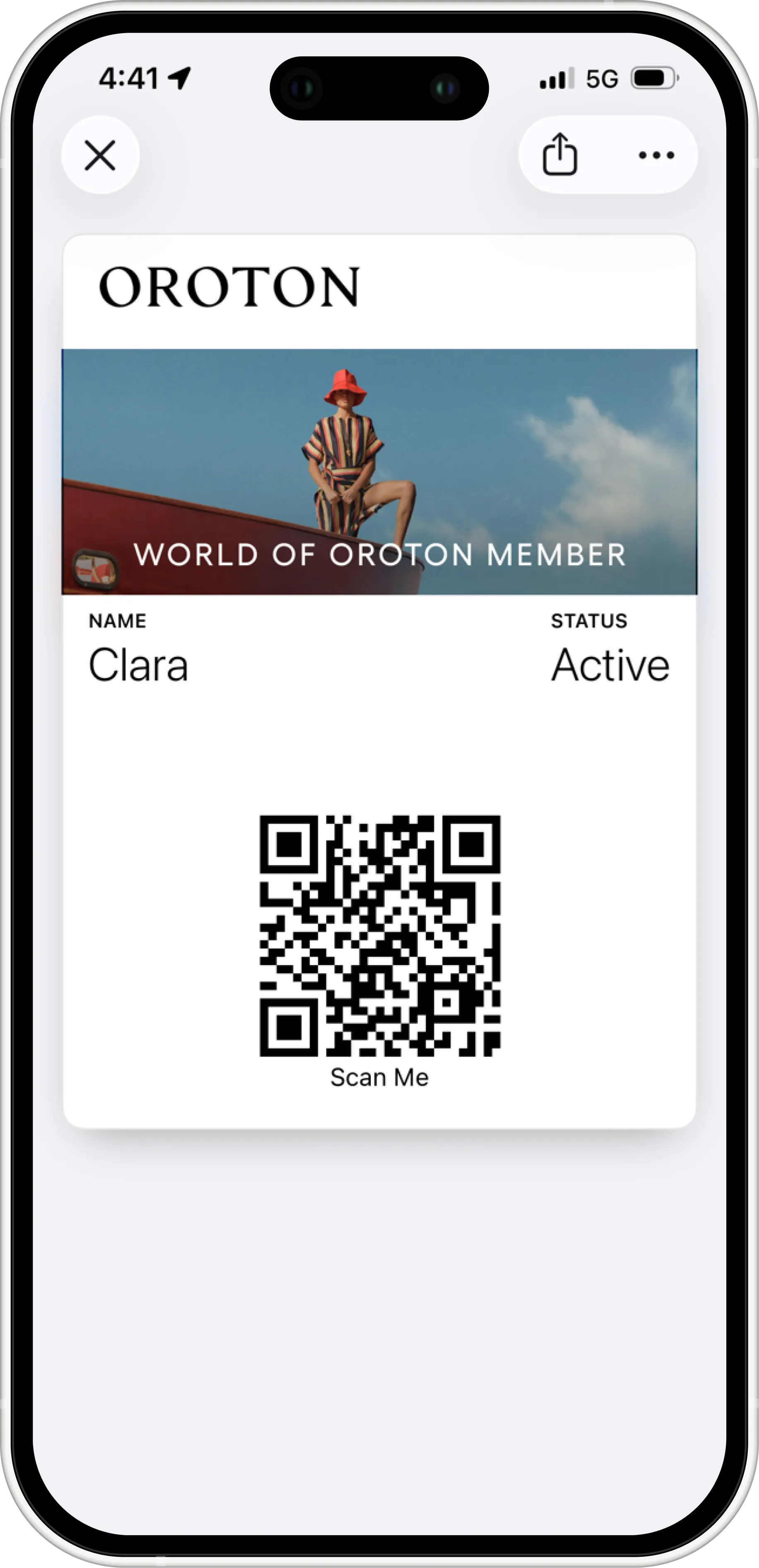 Oroton membership card displaying name Clara and an active status.