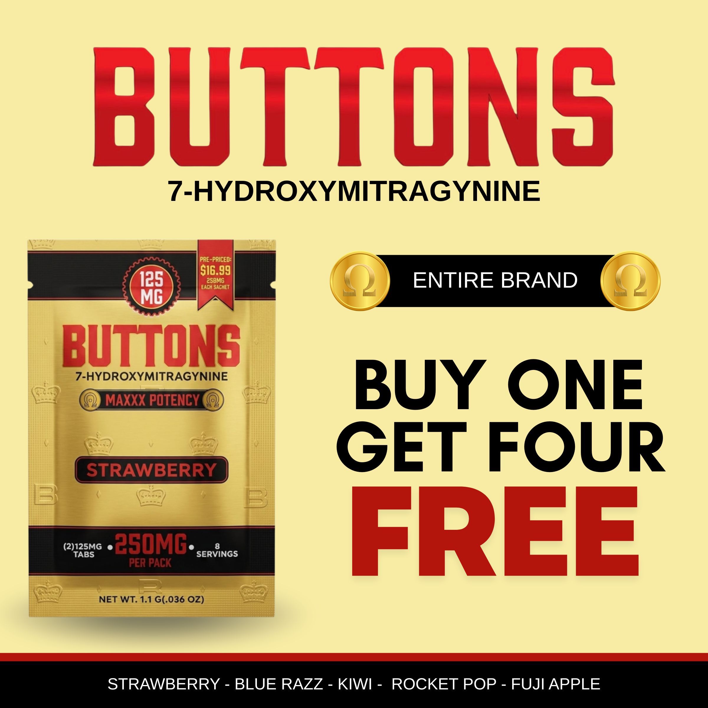 Promotional image for Buttons brand with a buy one get four free offer.