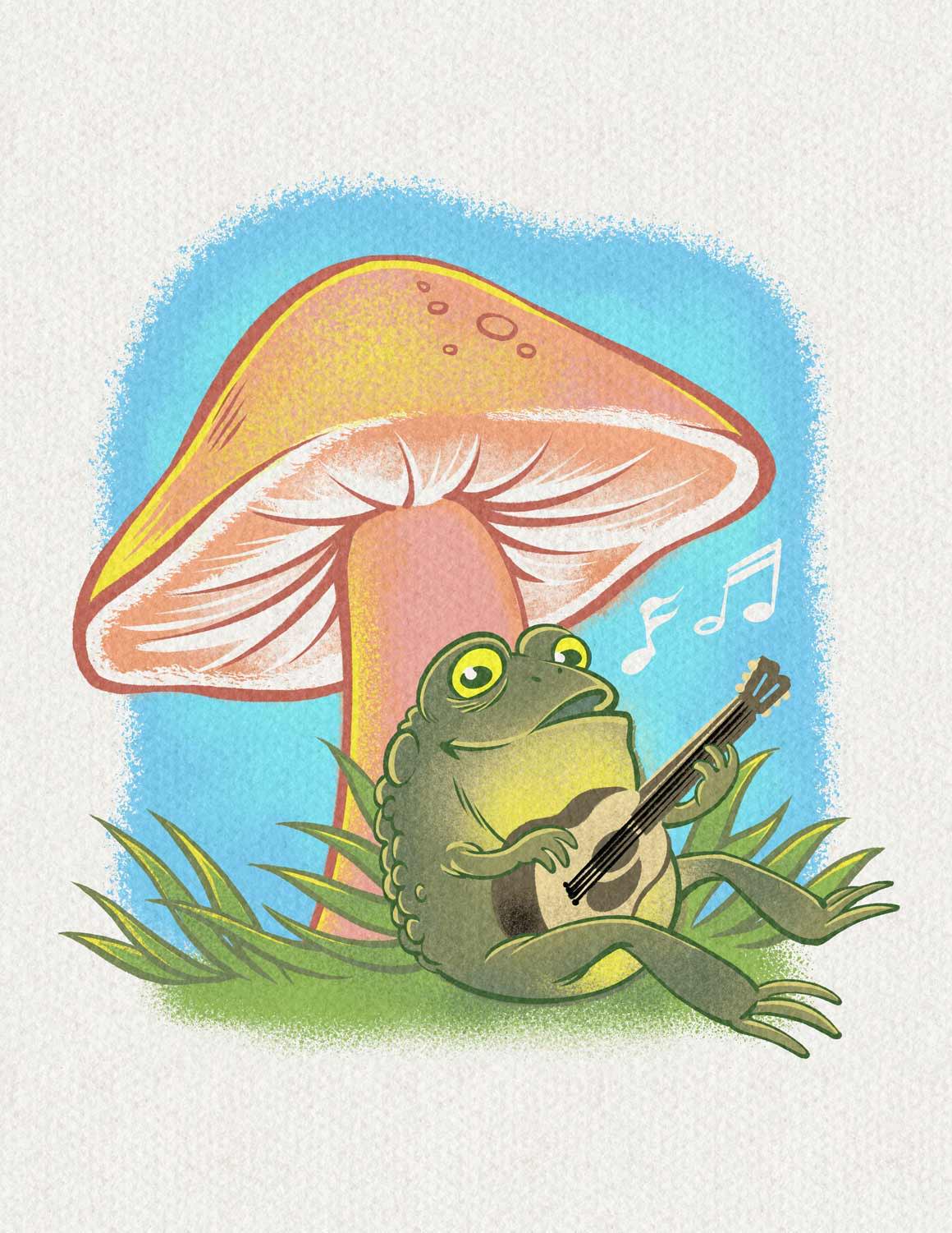 Digital illustration of a toad playing guitar under a toadstool modeled after a gouache painting.