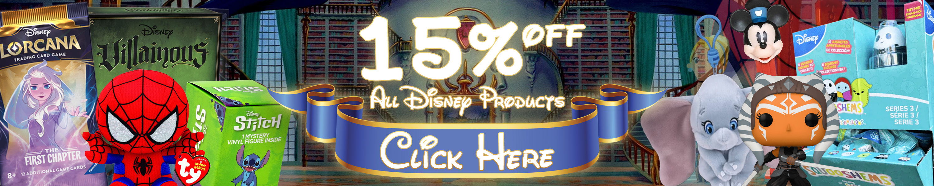 Promotional banner with characters, offering 15% off merchandise.