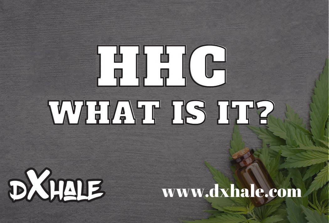 Info card reading HHC What Is it? In the background is a pile of hemp leaves and a vial. At the bottom is the DXHALE logo and web address.