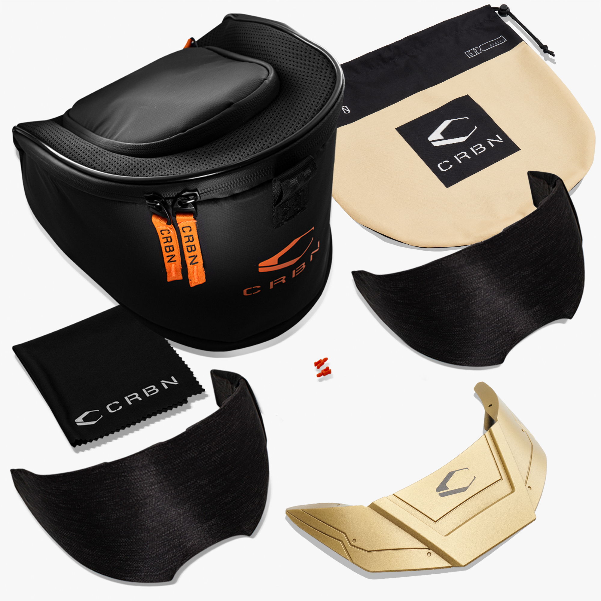 Paintball mask accessories and storage case arranged on a white background.