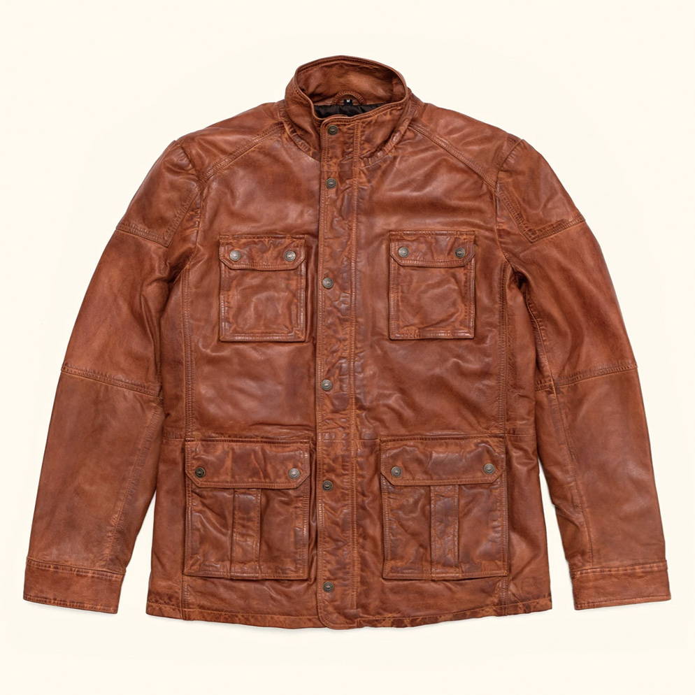 clay leather field jacket buttoned up