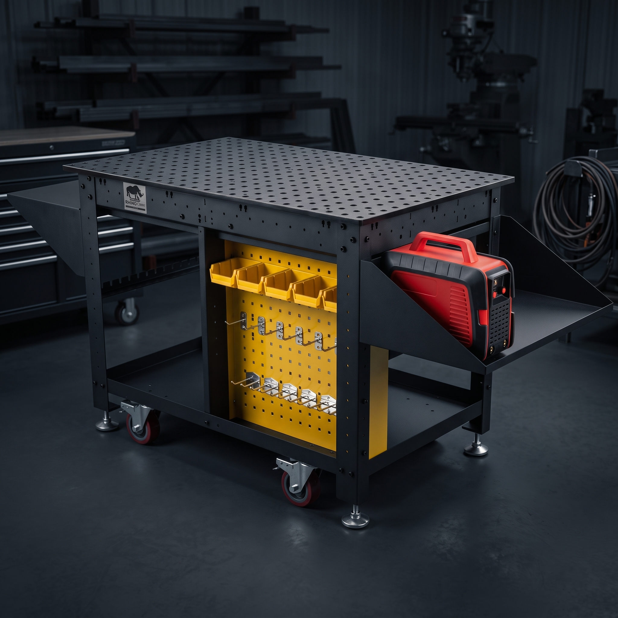 Tool cart with yellow storage bins and a red device, on wheels.