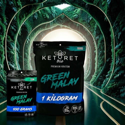 Two bags of Green Malay product displayed in a forest tunnel background.